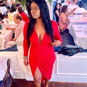 Red plunge front maxi dress